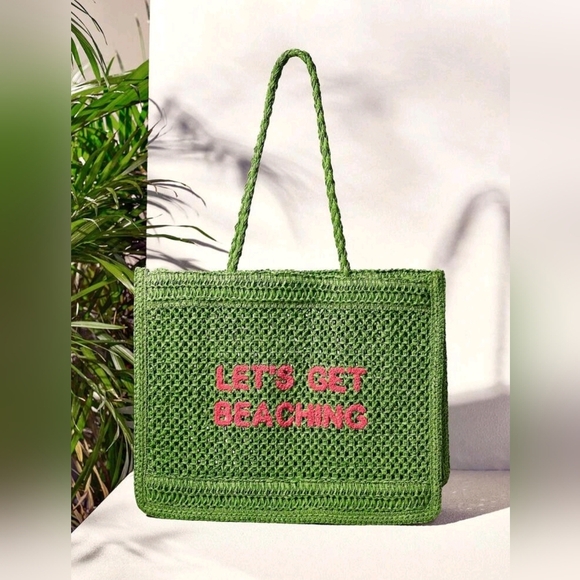Crocheted Green Tote Bag Summer Vibes with Statement Beach Bag For Woman - Picture 2 of 6